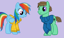 Size: 1728x1036 | Tagged: safe, derpibooru import, rainbow dash, oc, oc:ian, pegasus, pony, clothes, light purple background, sweater