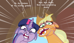 Size: 921x540 | Tagged: safe, applejack, twilight sparkle, earth pony, pony, female, mare, shocked, vulgar