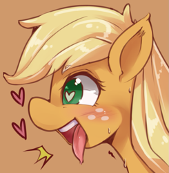 Size: 965x986 | Tagged: safe, artist:hua, applejack, earth pony, pony, blushing, heart, simple background, solo, tongue out, wingding eyes