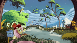 Size: 3576x2000 | Tagged: safe, artist:auroriia, fluttershy, pegasus, pony, beret, bridge, canvas, cloud, cloudy, crossover, easel, fluttershy's cottage, grass, looney tunes, mountain, painting, plein air, river, road runner, scenery, stars, stream, tree