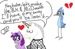 Size: 840x543 | Tagged: safe, artist:redrawcentral, derpibooru import, twilight sparkle, pony, unicorn, crossover, heartbreak, mordecai, regular show