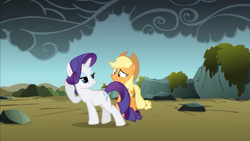 Size: 1024x576 | Tagged: safe, screencap, applejack, rarity, earth pony, pony, unicorn, blonde mane, duo, female, horn, mare, orange coat, purple mane, white coat