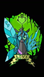 Size: 1080x1896 | Tagged: safe, artist:dragonthecreeper1, idw, queen chrysalis, reversalis, changeling, changeling queen, reflections, spoiler:comic, black background, crown, duality, female, glasses, idw showified, jewelry, mirror universe, regalia, signature, simple background, solo, two sides
