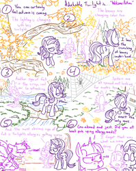 Size: 1280x1611 | Tagged: safe, artist:adorkabletwilightandfriends, spike, starlight glimmer, twilight sparkle, twilight sparkle (alicorn), alicorn, dragon, pony, comic:adorkable twilight and friends, above, adorkable twilight, allergies, autumn, comic, forest, leaves, lineart, nose blowing, perspective, plot, river, slice of life, snot, tissue, top down, tree