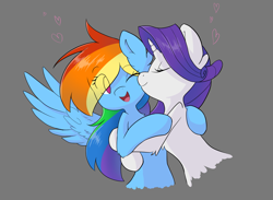 Size: 2401x1758 | Tagged: safe, artist:cynicalsonata, derpibooru import, rainbow dash, rarity, pegasus, pony, semi-anthro, unicorn, eyes closed, female, gray background, heart, kiss on the cheek, kissing, lesbian, mare, one eye closed, open mouth, raridash, shipping, simple background, smiling