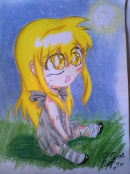 Size: 1200x1600 | Tagged: safe, artist:nozomifujimiya, derpy hooves, human, chibi, crying, humanized, moon, solo, traditional art