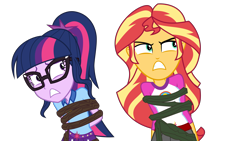 Size: 6000x3375 | Tagged: safe, artist:limedazzle, sci-twi, sunset shimmer, twilight sparkle, equestria girls, legend of everfree, absurd resolution, bondage, clothes, duo, glasses, i've seen enough hentai to know where this is going, scared, shorts, simple background, tied up, transparent background, vector, vine, worried