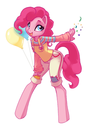 Size: 520x761 | Tagged: safe, artist:kamicheetah, pinkie pie, anthro, earth pony, unguligrade anthro, balloon, confetti, cute, diapinkes, example, female, happy, looking at you, open mouth, pocket confetti, simple background, solo, white background