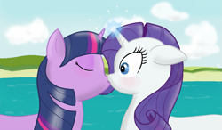 Size: 1401x820 | Tagged: safe, artist:theph0enix, derpibooru import, rarity, twilight sparkle, pony, unicorn, blushing, eyes closed, female, floppy ears, hornboner, kissing, lake, lesbian, magic, nose wrinkle, rarilight, shipping, wide eyes