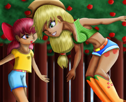 Size: 800x648 | Tagged: safe, artist:ravenfire74, apple bloom, applejack, clothes, female, humanized