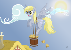 Size: 2339x1654 | Tagged: safe, artist:isegrim87, derpy hooves, pegasus, pony, bucket, cloud, cute, derpabetes, female, flying, house, mare, muffin, open mouth, sky, solo, sun