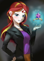 Size: 2268x3159 | Tagged: safe, artist:kulur, sunset shimmer, equestria girls, clothes, element of magic, evil, human coloration, jacket, leather jacket, pixiv, skirt, solo