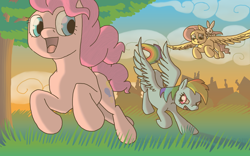 Size: 4000x2500 | Tagged: safe, artist:crispokefan, derpibooru import, angel bunny, fluttershy, pinkie pie, rainbow dash, earth pony, pegasus, pony, absurd resolution, flying, running, sunset