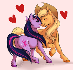 Size: 888x856 | Tagged: dead source, safe, artist:cartoonlion, applejack, twilight sparkle, earth pony, pony, blushing, boop, cute, eyes closed, female, happy, heart, lesbian, nose wrinkle, noseboop, nuzzling, open mouth, raised hoof, raised leg, shipping, smiling, twijack, unshorn fetlocks