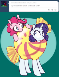 Size: 1000x1300 | Tagged: safe, artist:rastaquouere69, pinkie pie, rarity, earth pony, pony, unicorn, ask, candy, clothes, costume, female, food, food costume, lesbian, raripie, shipping, tumblr