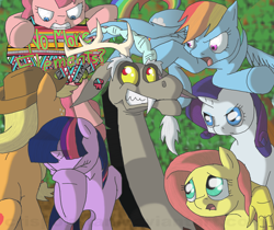 Size: 4160x3500 | Tagged: safe, artist:crispokefan, derpibooru import, applejack, discord, fluttershy, pinkie pie, rainbow dash, rarity, twilight sparkle, earth pony, pegasus, pony, unicorn, absurd resolution, angry, breaking the fourth wall, elements of harmony, facehoof, mane six, stare, thought bubble, worried