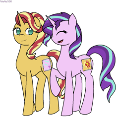 Size: 960x1024 | Tagged: safe, artist:hayley566, starlight glimmer, sunset shimmer, pony, unicorn, alternate hairstyle, duo, eyes closed, fake cutie mark, female, mane swap, mare, nightmare night, simple background, transparent background