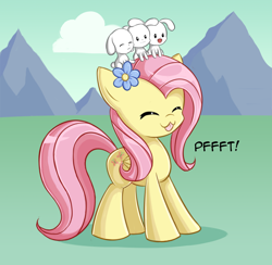 Size: 1200x1171 | Tagged: safe, artist:andrewc691, fluttershy, pegasus, pony, rabbit, :3, :p, cute, eyes closed, flower, flower in hair, pfft, raspberry, shyabetes, solo, tongue out