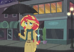 Size: 3884x2736 | Tagged: artist needed, safe, sunset shimmer, equestria girls, alternate costumes, clothes, night, rain, scarf, solo, streetlight, umbrella