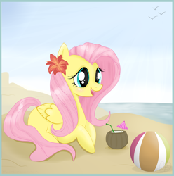 Size: 2168x2186 | Tagged: safe, artist:balloons504, fluttershy, pegasus, pony, beach, beach ball, coconut, drink, flower, solo, straw