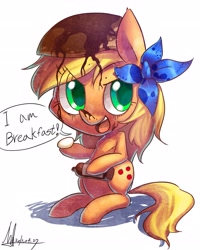 Size: 2507x3128 | Tagged: safe, artist:jggjqm522, applejack, earth pony, pony, bottle, breakfast, food, messy, pancakes, poison joke, syrup