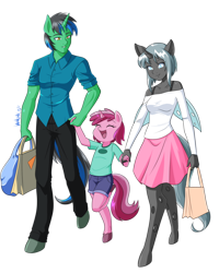 Size: 3600x4500 | Tagged: safe, artist:danmakuman, queen chrysalis, ruby pinch, oc, oc only, oc:greg green, anthro, changeling, changeling queen, clothes, commission, eyes closed, family, pants, shorts, simple background, skirt, smiling, transparent background, wholesome