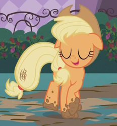 Size: 588x634 | Tagged: safe, screencap, applejack, earth pony, pony, sweet and elite, eyes closed, female, floppy ears, happy, hat, mare, mud, smiling, solo