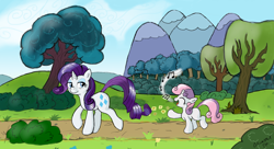 Size: 1980x1080 | Tagged: safe, artist:starorca, rarity, sweetie belle, pony, unicorn, music notes, singing, wallpaper