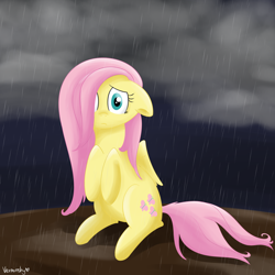 Size: 2500x2500 | Tagged: safe, artist:verminshy, fluttershy, pegasus, pony, night, rain, solo, wet mane