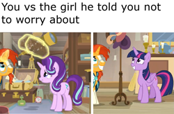 Size: 1257x823 | Tagged: safe, screencap, starlight glimmer, sunburst, twilight sparkle, twilight sparkle (alicorn), alicorn, pony, unicorn, uncommon bond, spoiler:s07, antique store, meme, that pony sure does love antiques, you vs. the guy she told you not to worry about