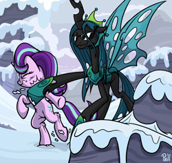 Size: 1322x1246 | Tagged: safe, artist:pirill, derpy hooves, queen chrysalis, starlight glimmer, changeling, changeling queen, pony, unicorn, the ending of the end, abuse, armor, atg 2020, bitch slap, cloud, cutie mark, duo, falling, female, fight, fluffy, glimmerbuse, ground, hitting, horn, lev punch edit, meme, mountain, newbie artist training grounds, parody, punch, rock, scene parody, signature, sky, smug, snow, sunglasses, the last of us, the last of us part ii, ultimate chrysalis, violence, wings