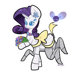 Size: 900x900 | Tagged: safe, artist:otterlore, rarity, drider, monster pony, original species, parasprite, spider, spiderpony, bouquet, bow, cute, flower, flower necklace, fluffy, hoof hold, necklace, pretty, simple background, smiling, solo, species swap, spiderponyrarity, white background