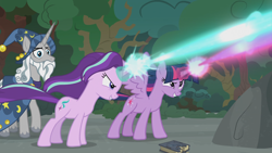 Size: 1920x1080 | Tagged: safe, screencap, star swirl the bearded, starlight glimmer, twilight sparkle, twilight sparkle (alicorn), alicorn, pony, unicorn, shadow play, blast, glowing horn, magic, magic blast