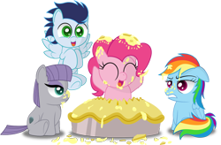 Size: 2000x1315 | Tagged: safe, artist:spellboundcanvas, derpibooru import, maud pie, pinkie pie, rainbow dash, soarin', earth pony, pegasus, pony, chibi, cute, food, maudabetes, pie, ponies in food, simple background, soarinbetes, transparent background, varying degrees of amusement