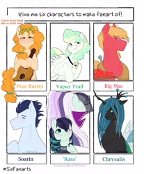 Size: 1693x2048 | Tagged: safe, artist:mamiblossomuwu, big macintosh, coloratura, pear butter, queen chrysalis, soarin', vapor trail, changeling, changeling queen, earth pony, pegasus, pony, apple, bust, clothes, countess coloratura, duality, female, floral head wreath, flower, food, guitar, jewelry, male, mare, musical instrument, necklace, see-through, six fanarts, smiling, stallion, unshorn fetlocks, veil, yoke