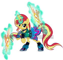 Size: 900x859 | Tagged: safe, artist:sakuyamon, sunset shimmer, pony, chakram, clothes, kingdom hearts, magic, simple background, smiling, solo, transparent background, watermark, weapon