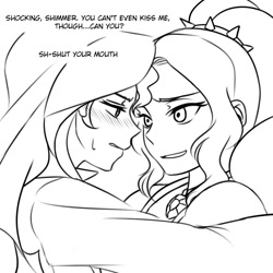 Size: 1000x1000 | Tagged: safe, artist:raika0306, adagio dazzle, sunset shimmer, equestria girls, bedroom eyes, black and white, blushing, dialogue, female, grayscale, lesbian, monochrome, open mouth, shipping, sketch, sunsagio, translation