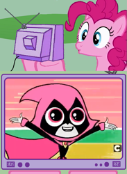 Size: 563x771 | Tagged: safe, pinkie pie, earth pony, pony, cartoon network, exploitable meme, meme, obligatory pony, raven (teen titans), teen titans go, tv meme