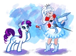 Size: 500x367 | Tagged: safe, rarity, human, crossover, dust (rwby), myrtenaster, rwby, weiss schnee