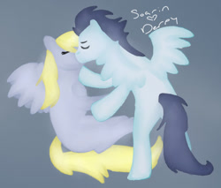 Size: 557x475 | Tagged: safe, artist:emerlees, derpy hooves, soarin', pegasus, pony, blank flank, derpin', derpy hooves gets all the stallions, eyes closed, female, heart, kissing, male, mare, shipping, straight