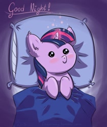 Size: 700x835 | Tagged: safe, artist:erysz, derpibooru import, twilight sparkle, pony, baby, baby pony, babylight sparkle, beady eyes, blanket, blushing, cute, ear fluff, filly, foal, good night, magic, pillow, solo, twiabetes