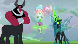 Size: 1280x720 | Tagged: safe, screencap, cozy glow, lord tirek, queen chrysalis, spike, alicorn, centaur, changeling, changeling queen, dragon, pony, the ending of the end, abuse, alicornified, background pony strikes again, bell, coward, cozycorn, desperate, female, frown, grogar's bell, pain, poor spike, race swap, smiling, spikeabuse, threat, torture, wing pull, winged spike, wings