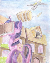 Size: 2268x2835 | Tagged: safe, artist:plainoasis, bon bon, derpy hooves, sweetie drops, twilight sparkle, pegasus, pony, unicorn, book, facebook, facebooking, female, flying, frown, imminent pain, levitation, magic, mare, open mouth, reading, saddle bag, telekinesis, this will end in pain, traditional art, walking, working