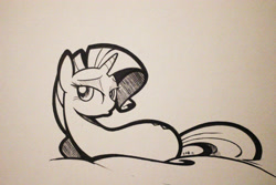 Size: 5184x3456 | Tagged: safe, artist:b-epon, rarity, pony, unicorn, absurd resolution, back, duckface, grayscale, ink, looking back, monochrome, on side, pouting, solo, traditional art