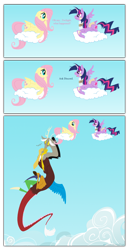 Size: 1728x3359 | Tagged: safe, artist:grievousfan, derpibooru import, discord, fluttershy, twilight sparkle, twilight sparkle (alicorn), alicorn, draconequus, pegasus, pony, angry, bandage, brace, cloud, comic, female, injured, male, mare, messy mane, neck brace, on a cloud, prone, stifling laughter