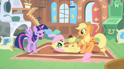 Size: 1000x560 | Tagged: safe, edit, edited screencap, screencap, applejack, fluttershy, twilight sparkle, twilight sparkle (alicorn), alicorn, pony, the return of harmony, alicornified, bondage, female, hogtied, mare, race swap