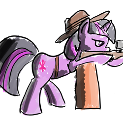 Size: 1024x1007 | Tagged: safe, artist:whatsapokemon, derpibooru import, twilight sparkle, gun, hat, solo, weapon