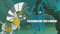 Size: 1280x720 | Tagged: safe, edit, edited screencap, screencap, queen chrysalis, zecora, changeling, changeling queen, zebra, the cutie re-mark, alternate timeline, angry, caption, chrysalis resistance timeline, discovery family logo, everfree forest, exploitable meme, female, forest, i'm going to say the n word, i'm gonna say the n-word, image macro, meme, n word, resistance leader zecora, text