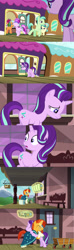 Size: 1920x6466 | Tagged: safe, screencap, starlight glimmer, sunburst, crystal pony, pony, unicorn, uncommon bond, cart, friendship express, hug, luggage, magic, sad, saddle bag, telekinesis, train, train station