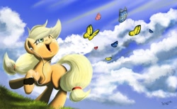 Size: 1024x632 | Tagged: safe, artist:springstrings, applejack, butterfly, earth pony, pony, earbuds, ipod